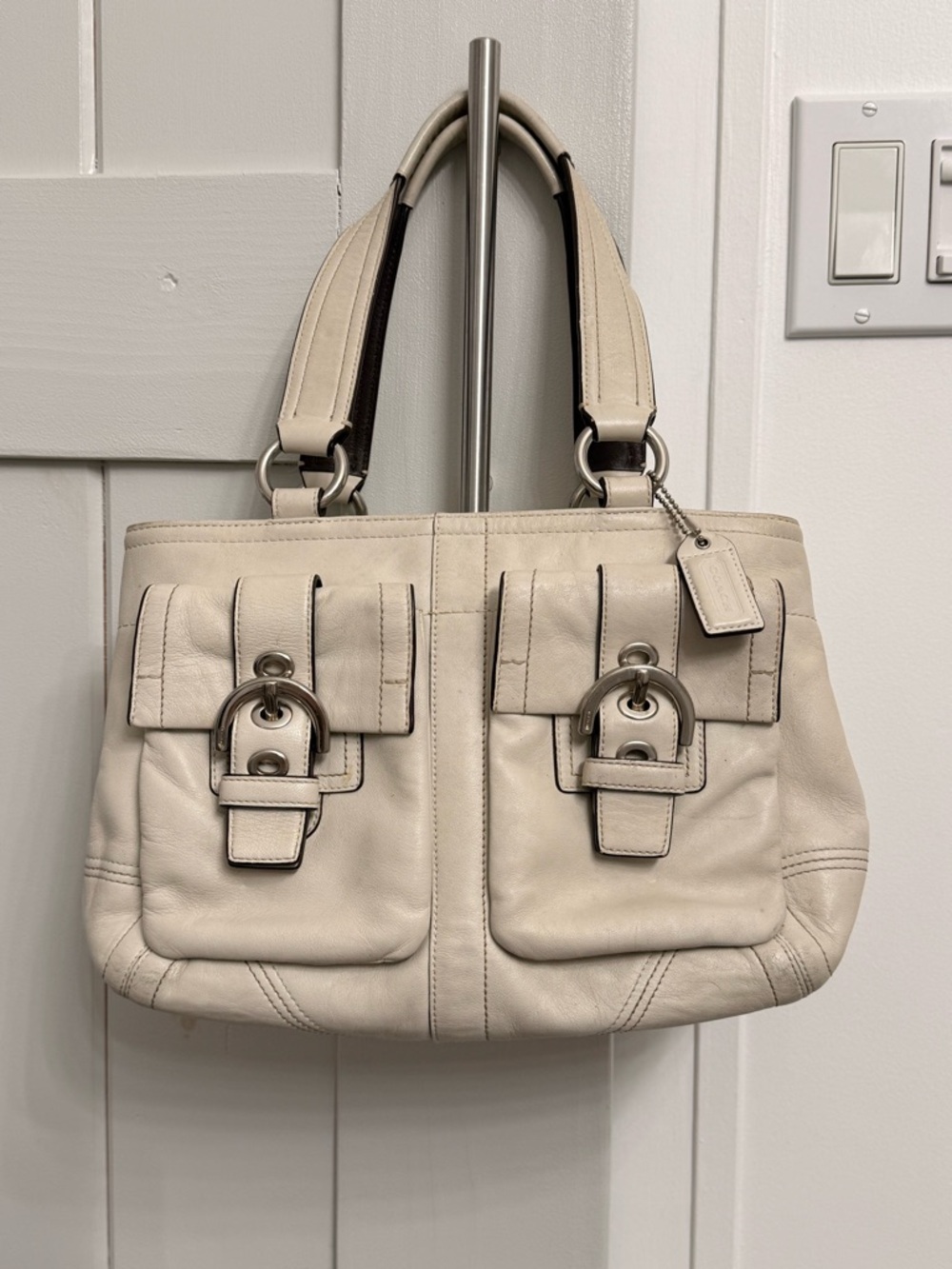 Coach Leather Satchel Handbag in Light Beige - Designer Style